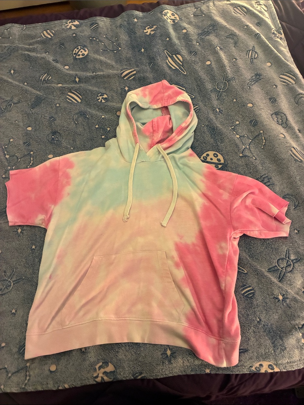 Tie-Dye Short Sleeve Hooded Sweatshirt - Pink & Teal